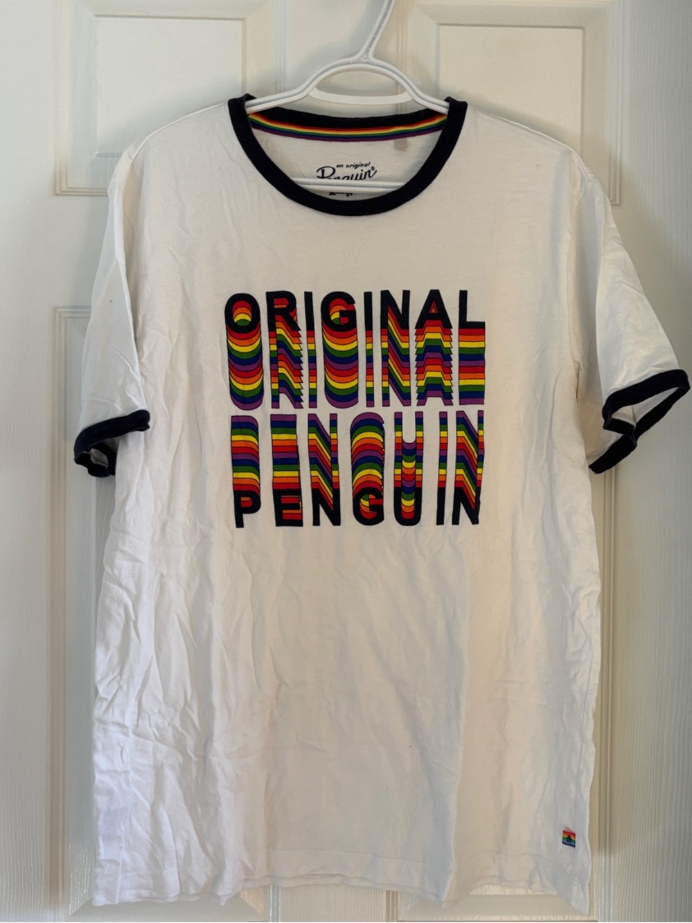 Original Penguin White Tee with Rainbow Stacked Logo and Black Trim